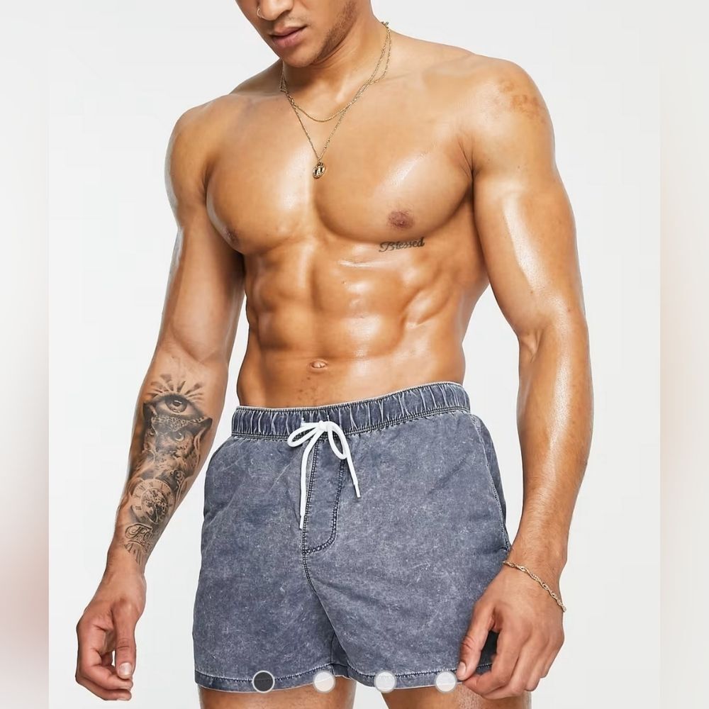 Asos Design Men Swim Shorts Short Length Navy Acid Wash Trunks 2XL XXL Waist 40-